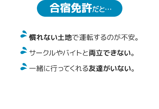 合宿免許だと…　慣れない土地で運転するのが不安。サークルやバイトと両立できない。一緒に行ってくれる友達がいない。