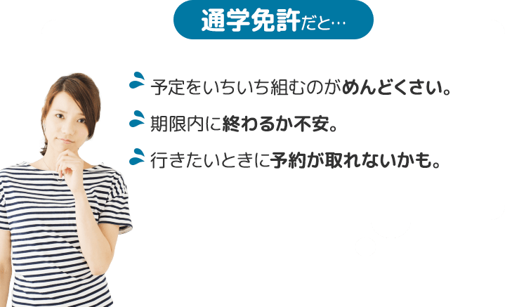 通学免許だと…　予定をいちいち組むのがめんどくさい。期限内に終わるか不安。行きたいときに予約が取れないかも。